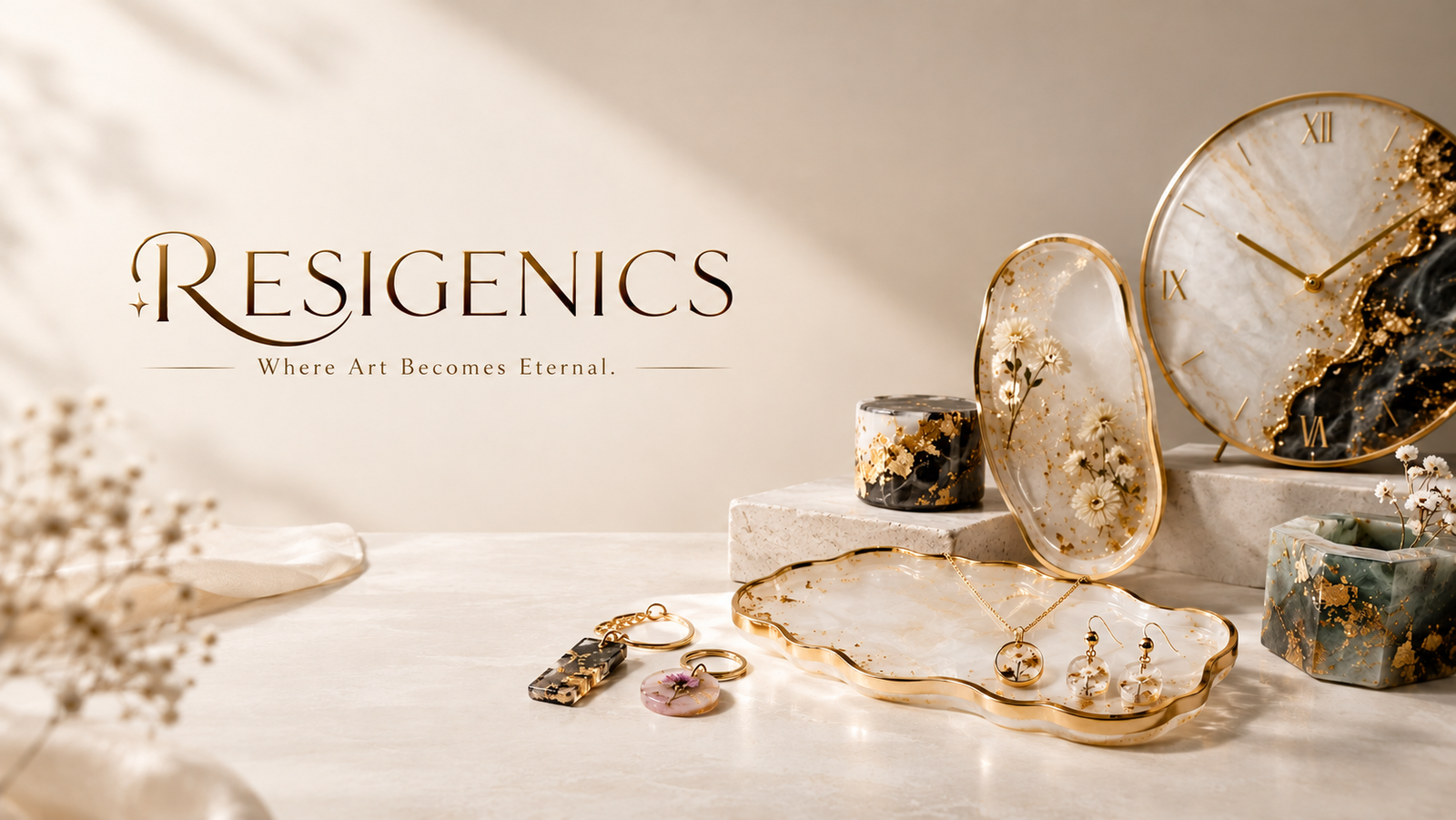 Resigenics luxury resin art collection featuring a gold-accented resin clock, jewellery tray, floral resin art, keychains, and elegant jewellery.
